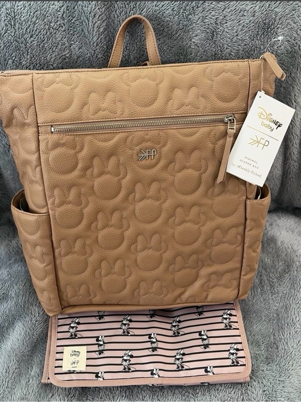 New Fresh Picked Large Tan Minimal Disney Baby Quilted embroidered Diaper bag.